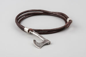 Bracelet Viking Hache francisque en Bronze Plaqué argent et cuir marron