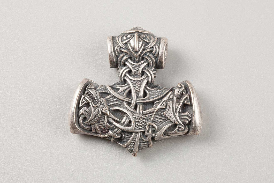 Collier Viking Marteau de Thor (Mjölnir) décoré des Loups d'Odin (Geri et Freki) (922)