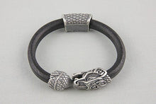 Bracelet Viking Serpent de Midgard (Jormungandr) en Cuir et Bronze plaqué Argent 