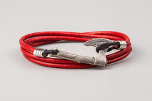 Bracelet Viking Hache francisque en Bronze Plaqué argent et cuir rouge
