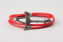 Bracelet Viking Hache en cuir rouge et en bronze plaqué argent 