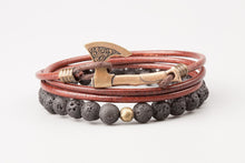 Bracelet Viking Hache en bronze et Cuir Naturel et Perles de Lave