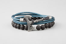 Bracelet Hache (Labrys ) en Cuir et Perles de Basalte & Bronze et plaqué Argent 