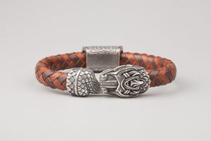 Bracelet Viking Serpent de Midgard (Jormungandr) en Cuir Tressé et bronze