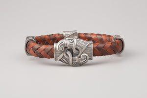 Bracelet Viking des Corbeaux d'Odin (Huginn et Muninn) en Cuir Tréssé et bronze plaqué argent