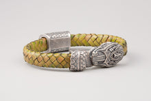 Bracelet Serpent de Midgard (Jörmungandr) en Cuir vert et Bronze plaqué Argent 