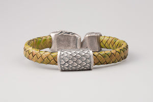 Bracelet Serpent de Midgard (Jörmungandr) en Cuir vert et Bronze plaqué Argent 
