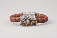 Bracelet Viking Têtes de loup (Skoll et Hati) en cuir tréssé et bronze