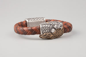 Bracelet Viking Têtes de loup (Skoll et Hati) en cuir tréssé et bronze