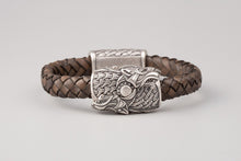 Bracelet Viking Têtes de loup (Skoll et Hati) en cuir tréssé et bronze plaqué argent