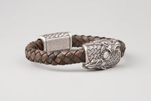 Bracelet Viking Têtes de loup (Skoll et Hati) en cuir tréssé et bronze plaqué argent