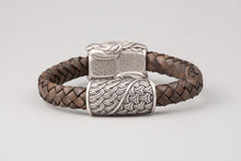 Bracelet Viking Têtes de loup (Skoll et Hati) en cuir tréssé et bronze plaqué argent