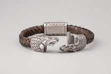 Bracelet Viking Têtes de loup (Skoll et Hati) en cuir tréssé et bronze plaqué argent