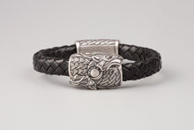 Bracelet Viking Têtes de loup (Skoll et Hati) en cuir tréssé et bronze plaqué argent