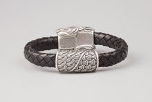Bracelet Viking Têtes de loup (Skoll et Hati) en cuir tréssé et bronze plaqué argent