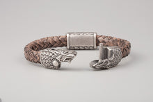 Bracelet Viking Têtes de loup (Skoll et Hati) en cuir tréssé et bronze plaqué argent