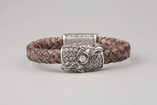 Bracelet Viking Têtes de loup (Skoll et Hati) en cuir tréssé et bronze plaqué argent