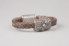 Bracelet Viking Têtes de loup (Skoll et Hati) en cuir tréssé et bronze plaqué argent