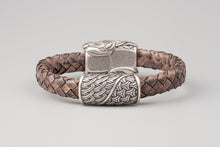 Bracelet Viking Têtes de loup (Skoll et Hati) en cuir tréssé et bronze plaqué argent