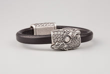 Bracelet Viking Têtes de loup (Skoll et Hati) en cuir tréssé et bronze plaqué argent