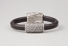 Bracelet Viking Têtes de loup (Skoll et Hati) en cuir tréssé et bronze plaqué argent