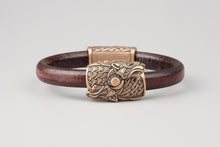 Bracelet Viking Têtes de loup (Skoll et Hati) en cuir tréssé et bronze