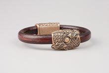 Bracelet Viking Têtes de loup (Skoll et Hati) en cuir tréssé et bronze