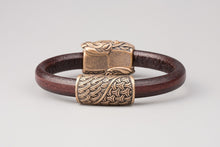Bracelet Viking Têtes de loup (Skoll et Hati) en cuir tréssé et bronze