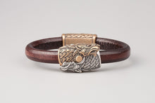 Bracelet Viking Têtes de loup (Skoll et Hati) en cuir tréssé et bronze plaqué argent