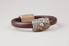 Bracelet Viking Têtes de loup (Skoll et Hati) en cuir tréssé et bronze plaqué argent