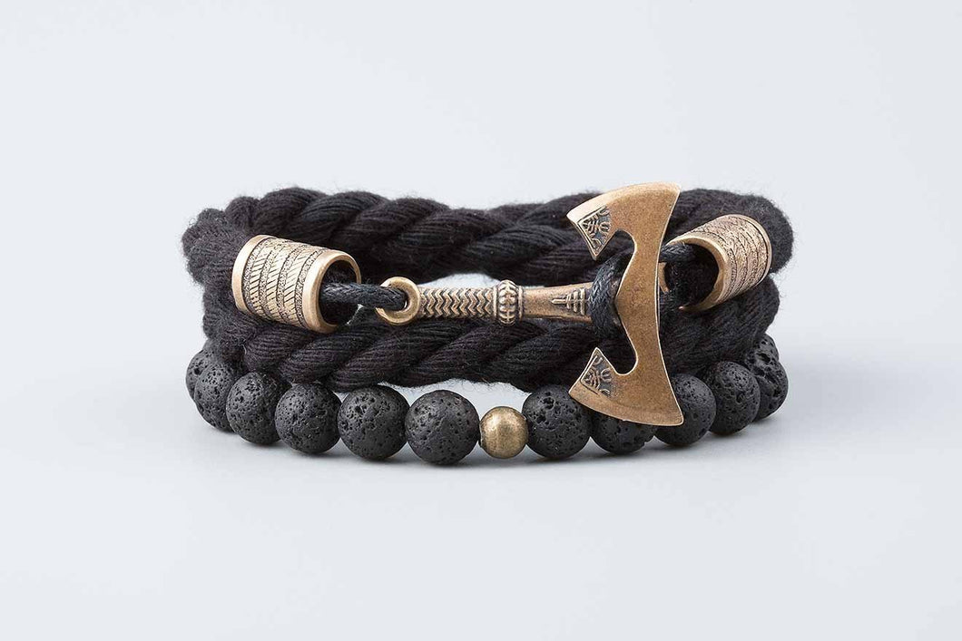 Bracelets Hache Viking en bronze -  Cotton Noir et perles de lave