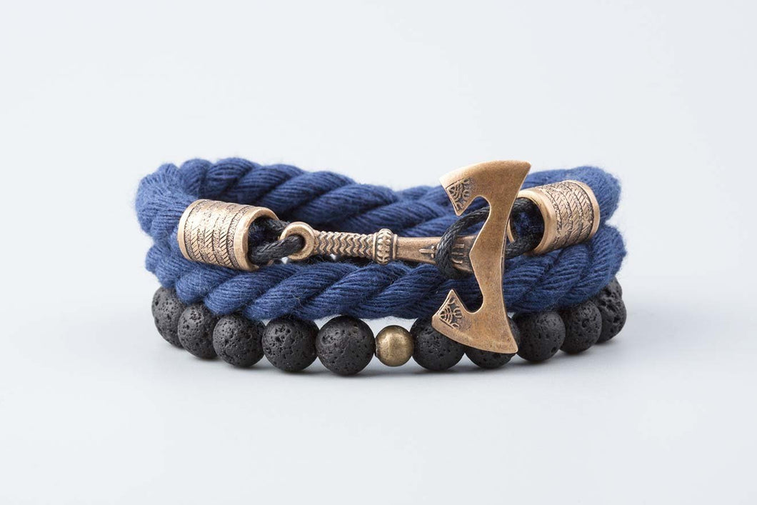 Bracelets Hache Viking en bronze -  Cotton bleu et perles de lave