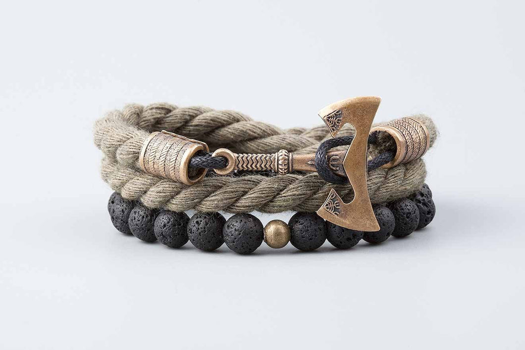 Bracelets Hache Viking en bronze -  Cotton vert et perles de lave
