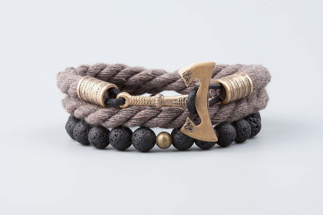 Bracelets Hache Viking en bronze -  Cotton gris et perles de lave