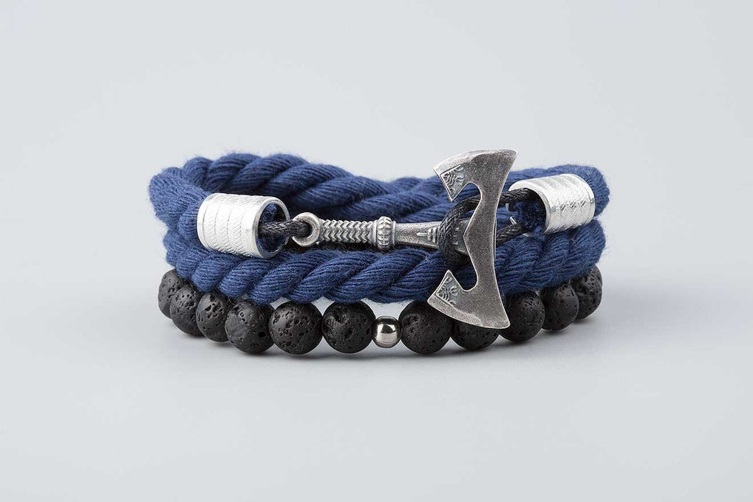 Bracelets Hache Viking en bronze plaqué argent -  Cotton bleu et perles de lave