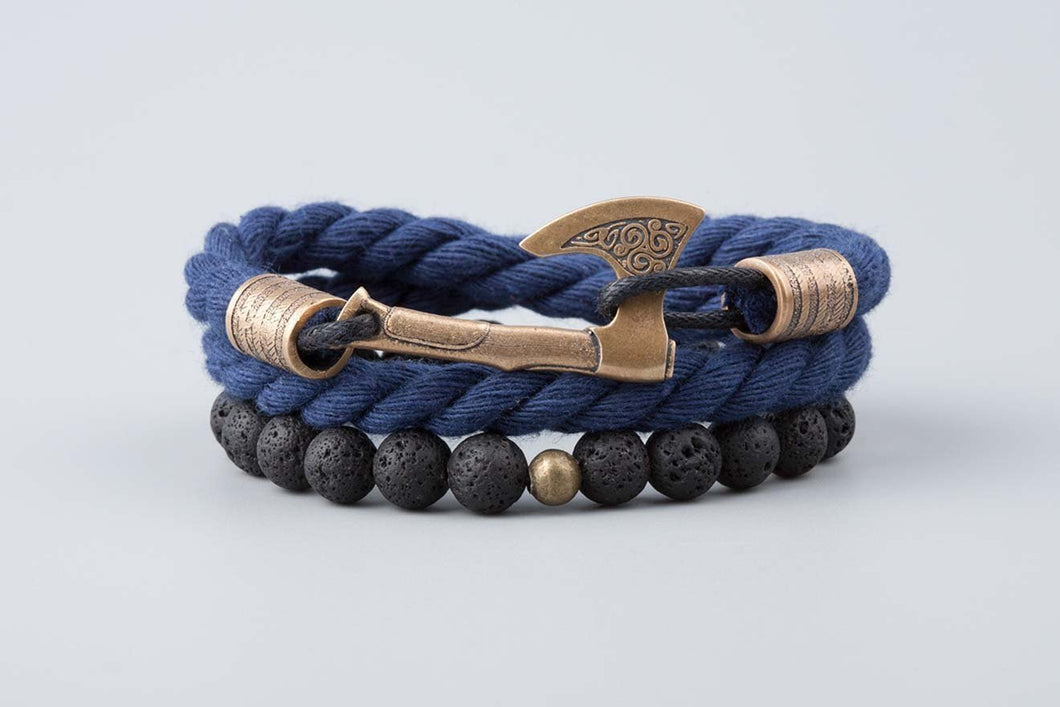 Bracelets Hache Viking en bronze -  Cotton Bleu et perles de lave