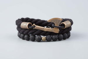 Bracelets Hache Viking en bronze -  Cotton Noir et perles de lave
