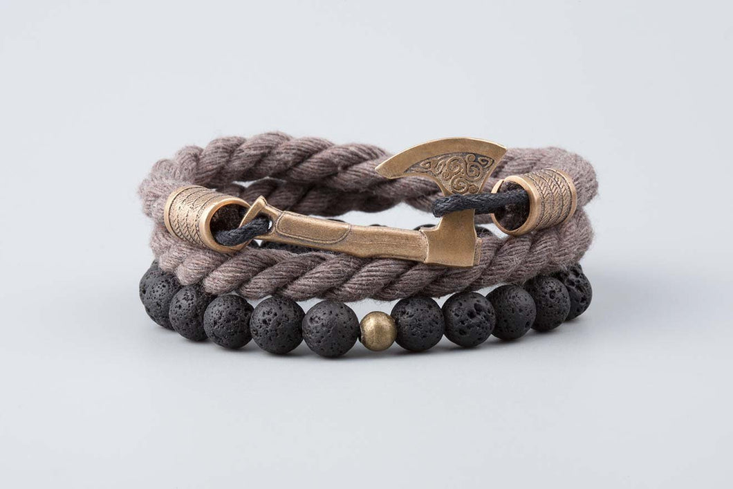 Bracelets Hache Viking en bronze -  Cotton Marron et perles de lave