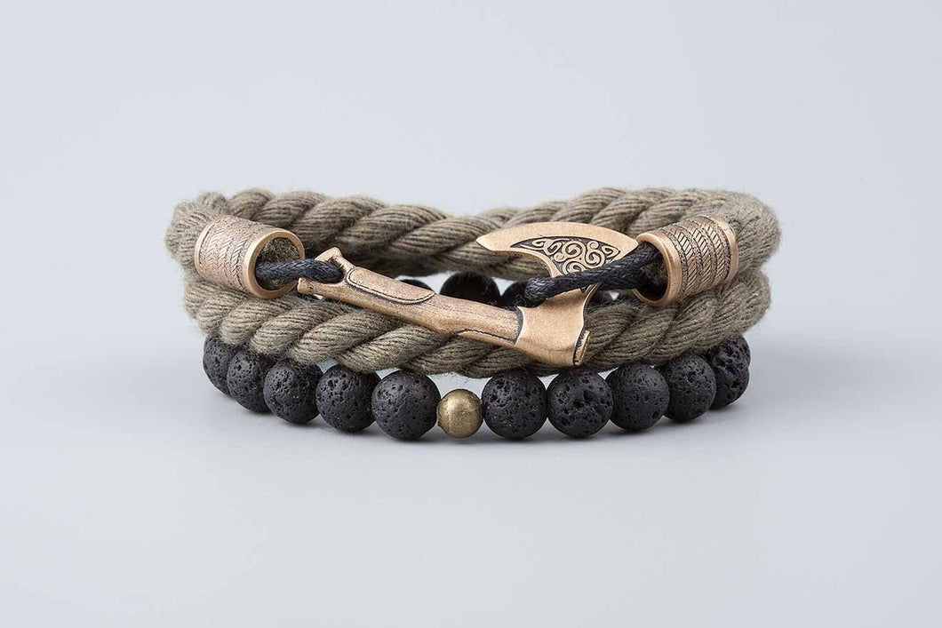 Bracelets Hache Viking en bronze  -  Cotton Marron et perles de lave