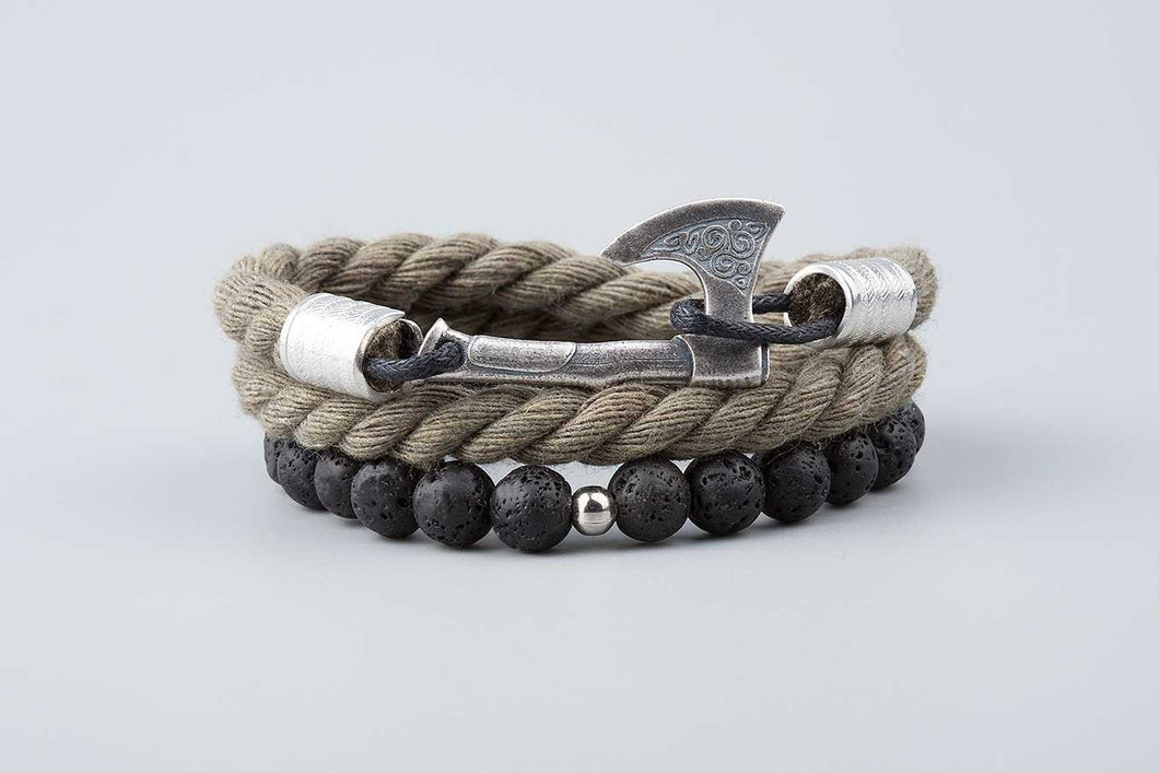 Bracelets Hache Viking en bronze plaqué argent -  Cotton Vert et perles de lave