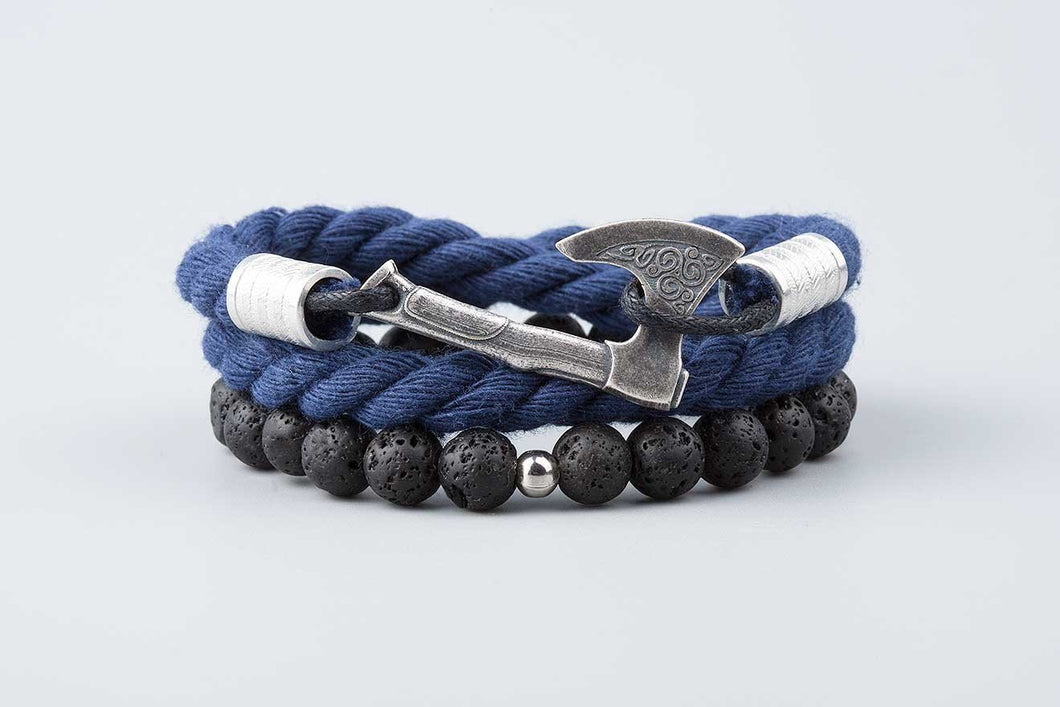 Bracelets Hache Viking en bronze plaqué argent -  Cotton Bleu et perles de lave