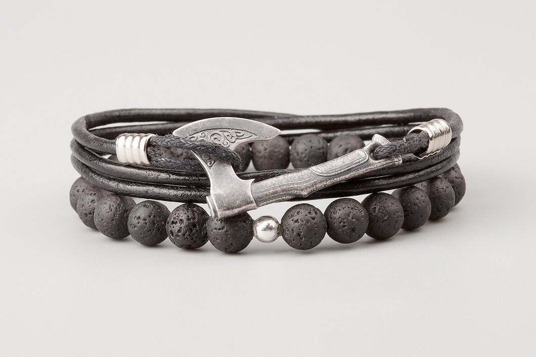 Bracelets Hache Viking en Bronze plaqué argent - Cuir noir et perles de lave