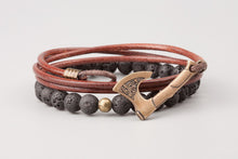 Bracelet Viking Hache en bronze et Cuir Naturel et Perles de Lave