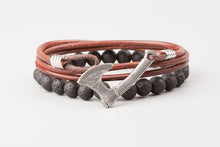 Bracelet Viking Hache en Cuir Naturel et Perles de Lave