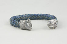 Bracelet Viking Griffe de Dragon (Nídhögg) en Cuir Tréssé bleu et bronze plaqué argent