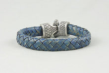 Bracelet Viking Griffe de Dragon (Nídhögg) en Cuir Tréssé bleu et bronze plaqué argent