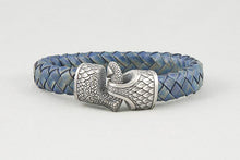 Bracelet Viking Griffe de Dragon (Nídhögg) en Cuir Tréssé bleu et bronze plaqué argent