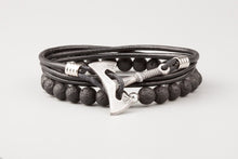 Bracelet Labrys (Hache de Guerre) en Cuir et Perles de Basalte & Bronze et plaqué Argent 