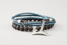 Bracelet Hache (Labrys ) en Cuir et Perles de Basalte & Bronze et plaqué Argent 