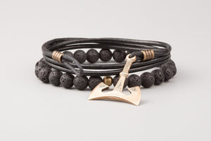 Bracelet  Viking  Hache (Labrys ) en Cuir et Perles de Basalte & Bronze et plaqué Argent 